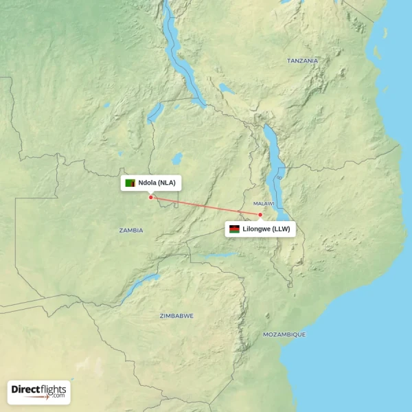 Lilongwe - Ndola direct flight map