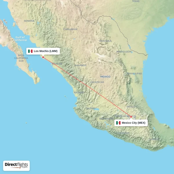 Los Mochis - Mexico City direct flight map