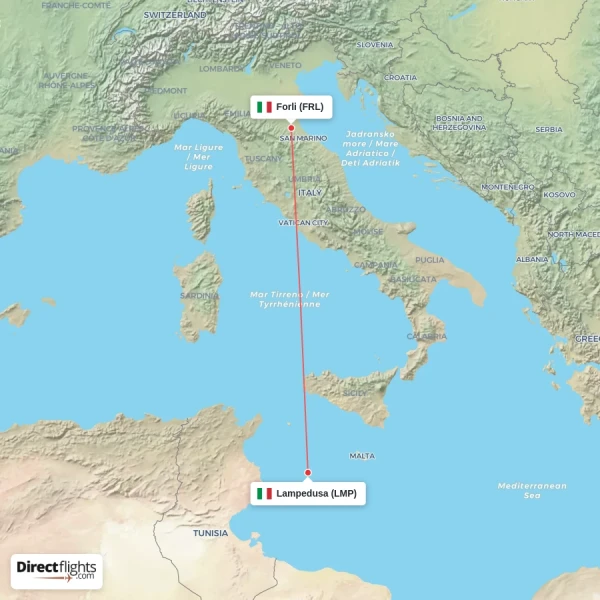 Lampedusa - Forli direct flight map