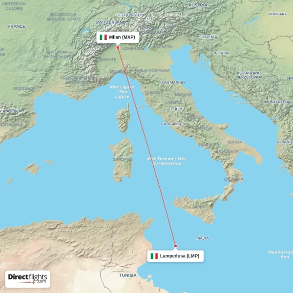 Lampedusa - Milan direct flight map