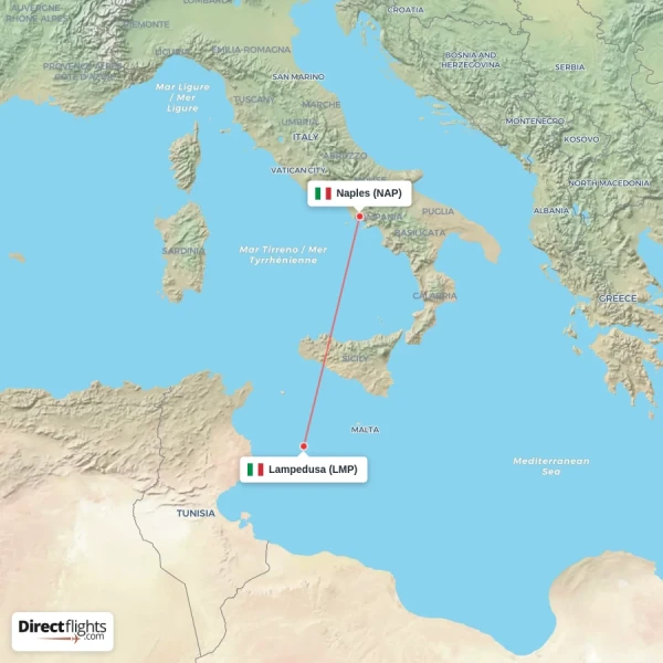 Lampedusa - Naples direct flight map