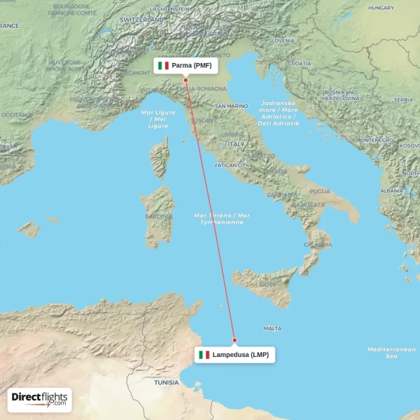 Lampedusa - Parma direct flight map