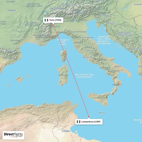 Lampedusa - Turin direct flight map