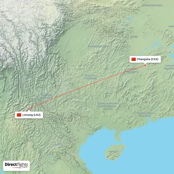 Lincang - Changsha direct flight map