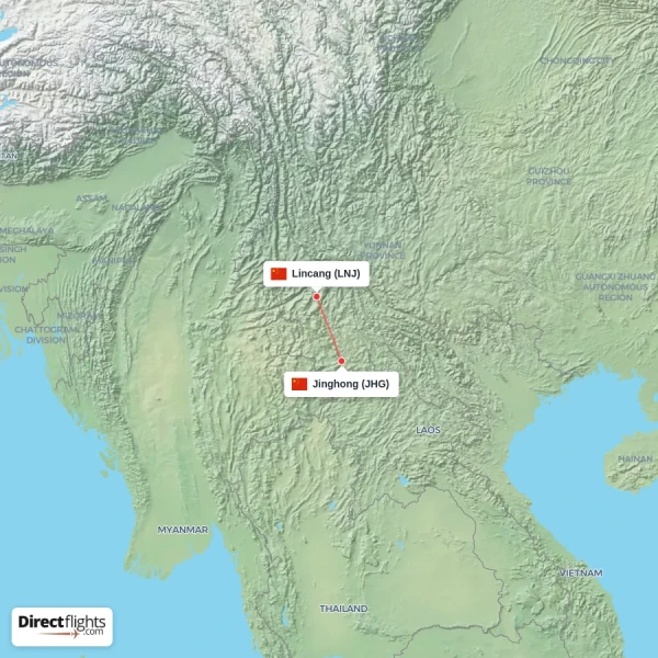 Lincang - Jinghong direct flight map