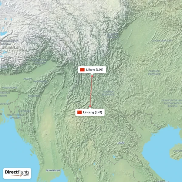 Lincang - Lijiang direct flight map