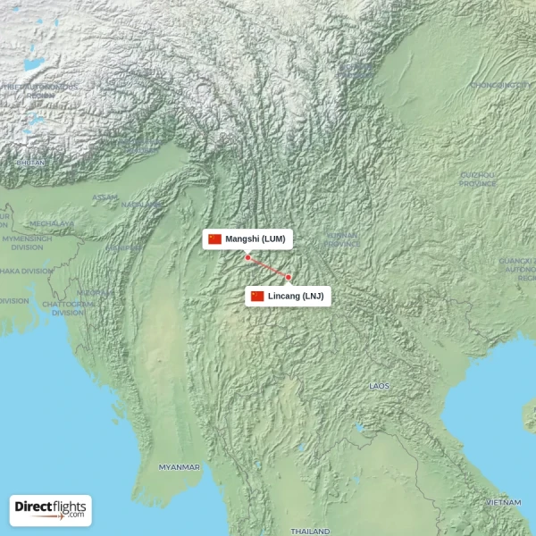 Lincang - Mangshi direct flight map
