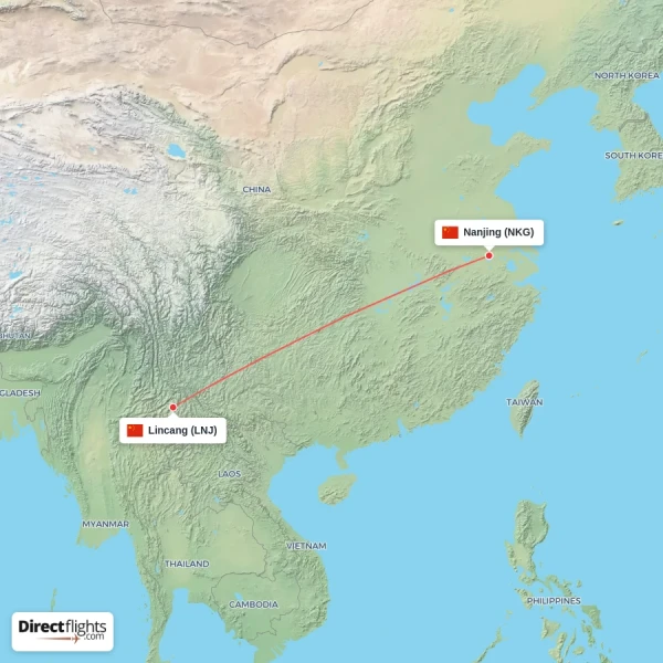 Lincang - Nanjing direct flight map