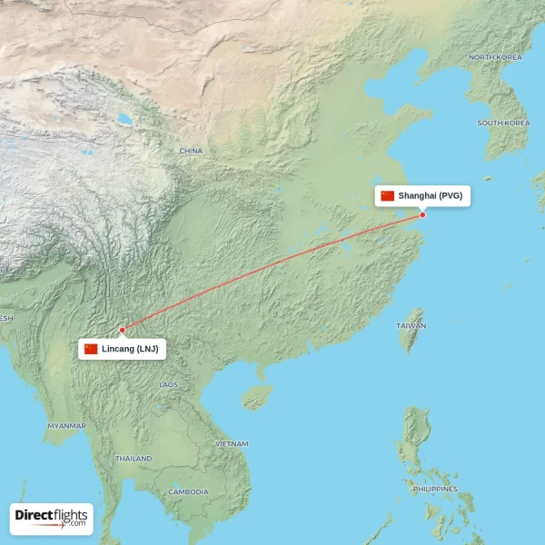 Lincang - Shanghai direct flight map