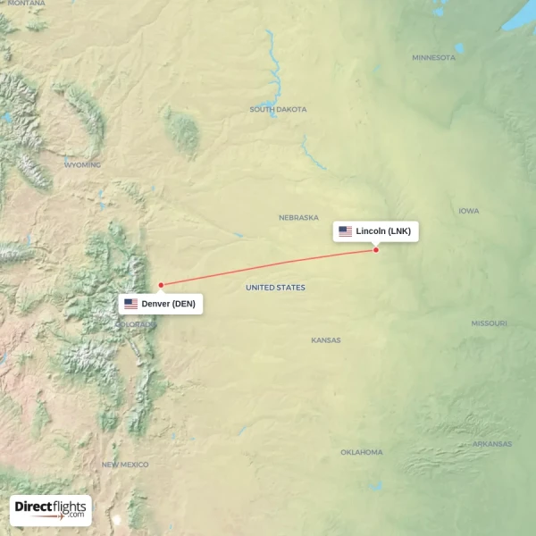 Lincoln - Denver direct flight map