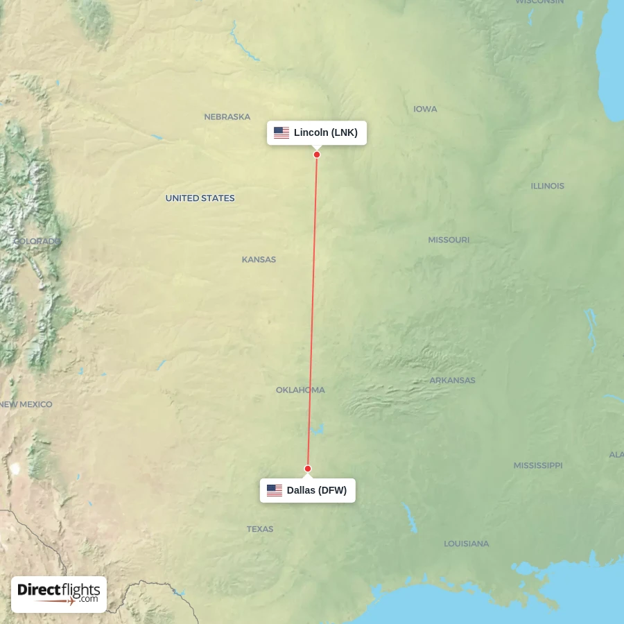 LNK - DFW route map
