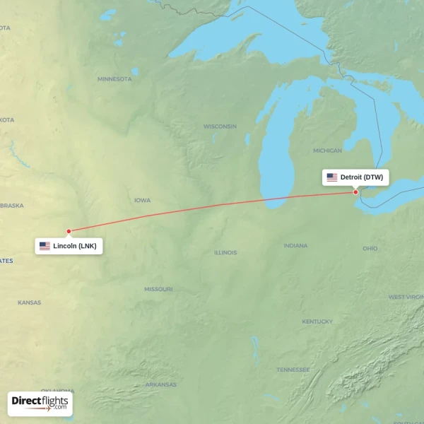 Lincoln - Detroit direct flight map