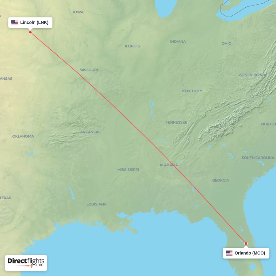 LNK - MCO route map