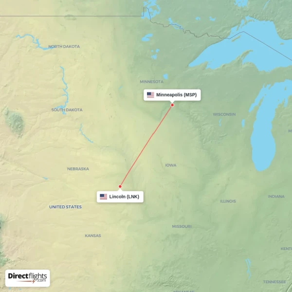 Lincoln - Minneapolis direct flight map