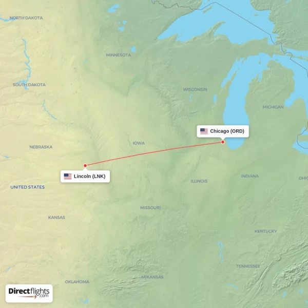 Lincoln - Chicago direct flight map