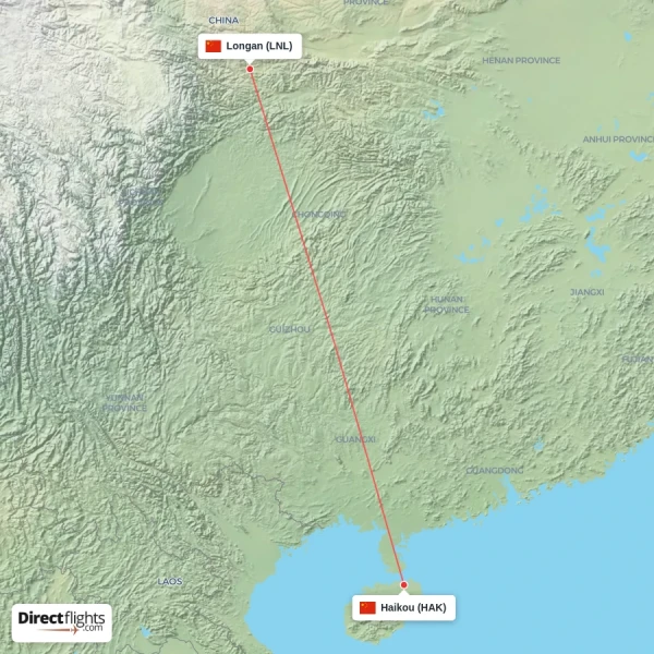 Longan - Haikou direct flight map