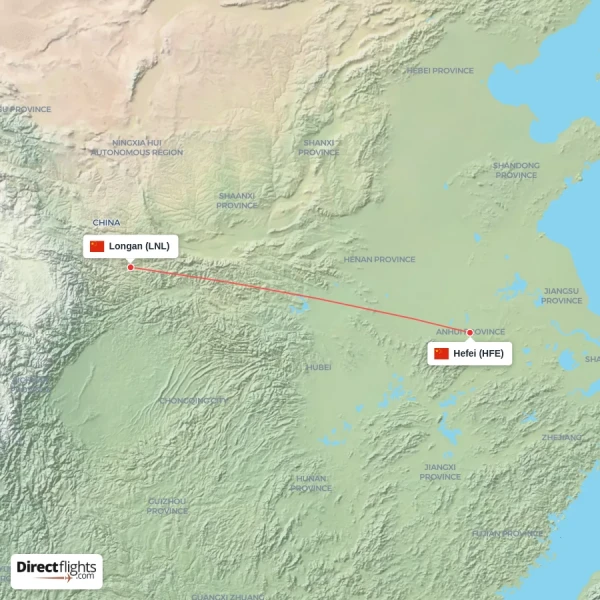 Longan - Hefei direct flight map