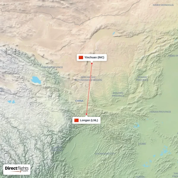 Longan - Yinchuan direct flight map