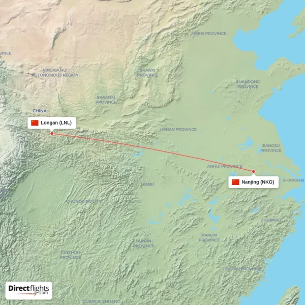 Longan - Nanjing direct flight map