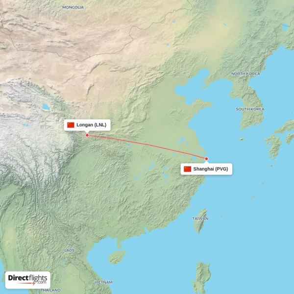 Longan - Shanghai direct flight map