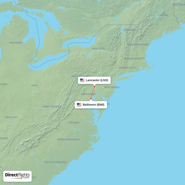 Lancaster - Baltimore direct flight map