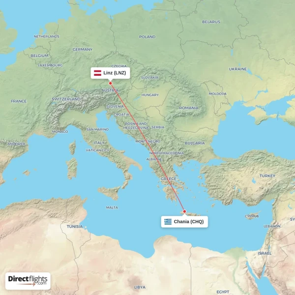 Linz - Chania direct flight map