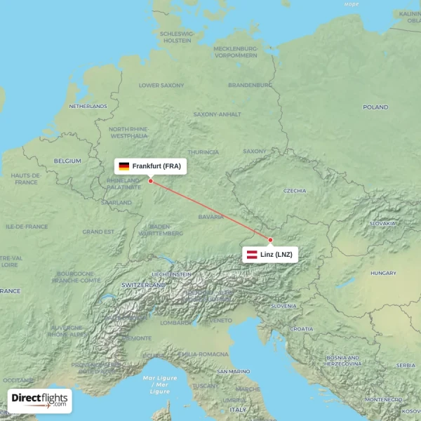 Linz - Frankfurt direct flight map