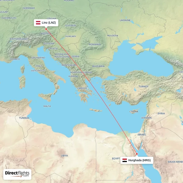 Linz - Hurghada direct flight map