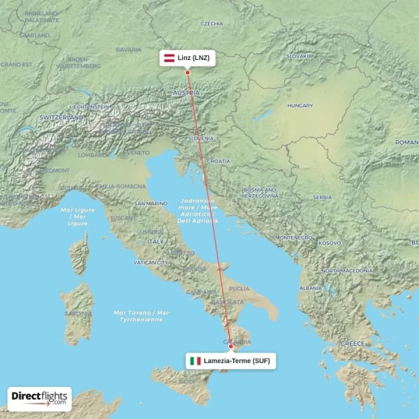 Linz - Lamezia-Terme direct flight map