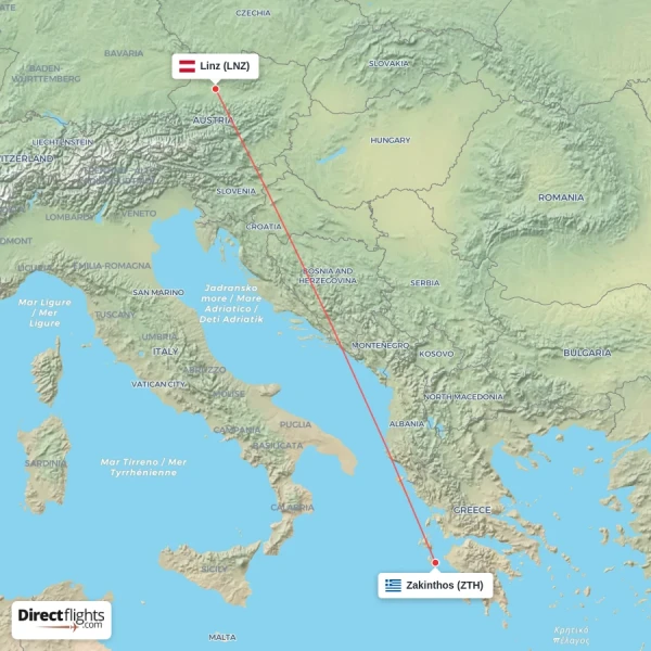 Linz - Zakinthos direct flight map