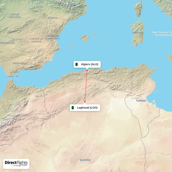 Laghouat - Algiers direct flight map