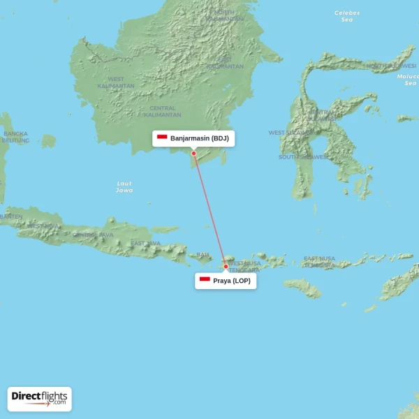 Praya - Banjarmasin direct flight map