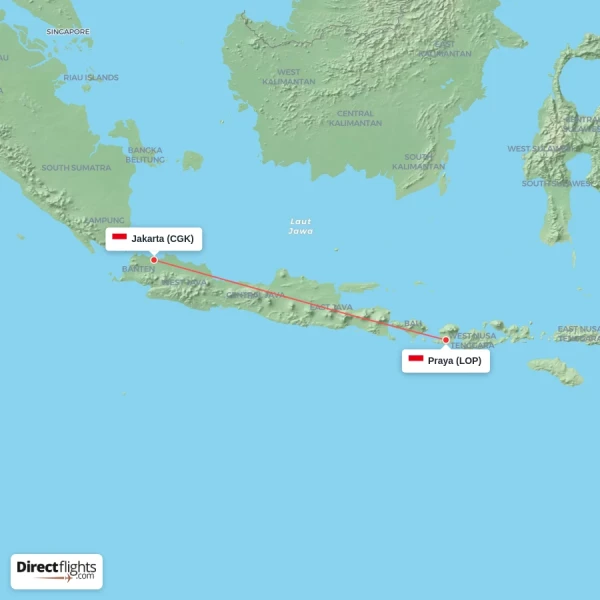 Praya - Jakarta direct flight map