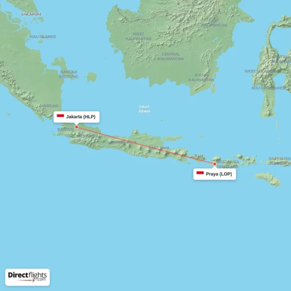 Praya - Jakarta direct flight map