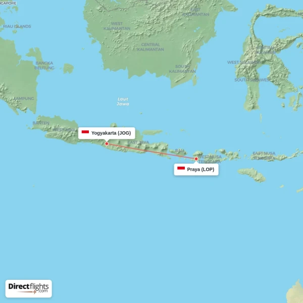 Praya - Yogyakarta direct flight map
