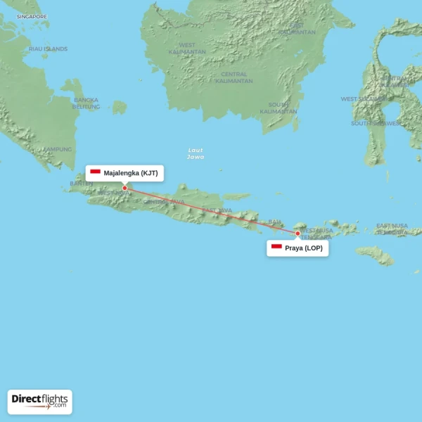 Praya - Majalengka direct flight map