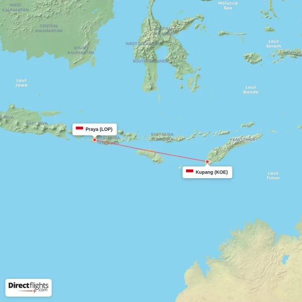 Praya - Kupang direct flight map