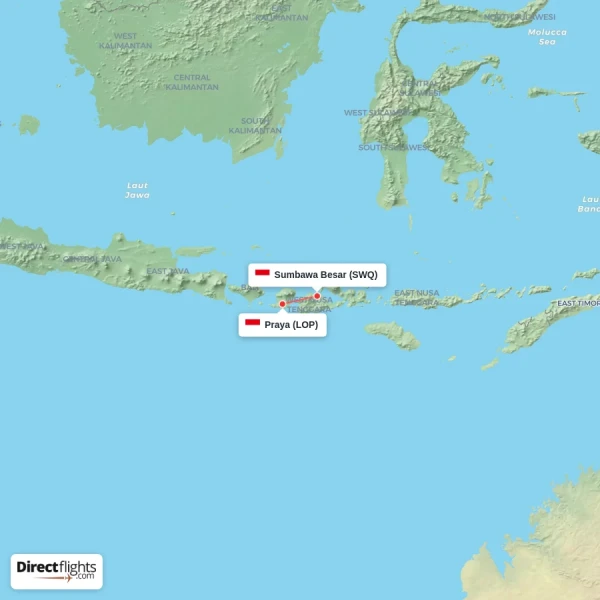 Praya - Sumbawa Besar direct flight map