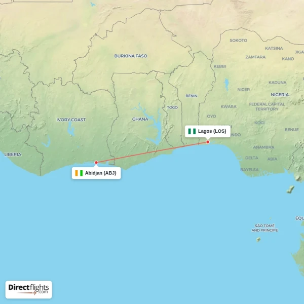 Lagos - Abidjan direct flight map