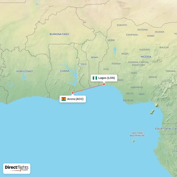 Lagos - Accra direct flight map