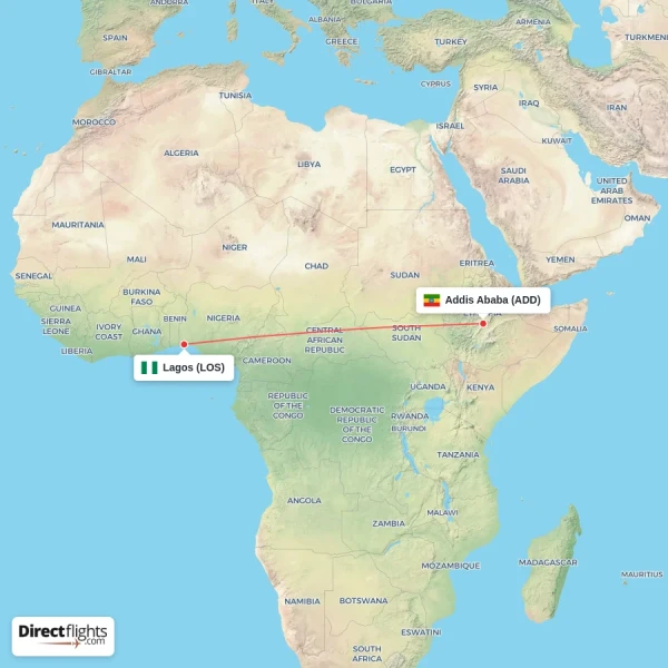 Lagos - Addis Ababa direct flight map