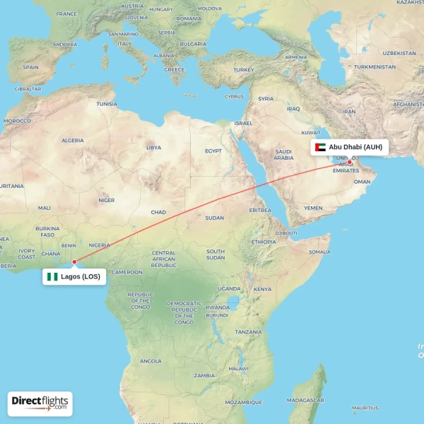 Lagos - Abu Dhabi direct flight map