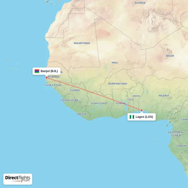 Lagos - Banjul direct flight map