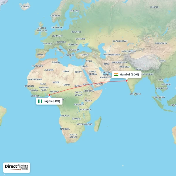 Lagos - Mumbai direct flight map