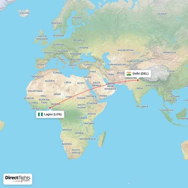 Lagos - Delhi direct flight map