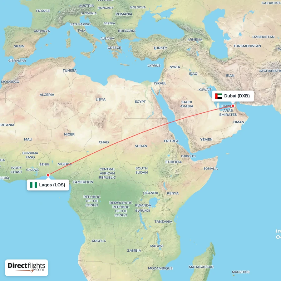 LOS - DXB route map