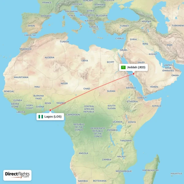Lagos - Jeddah direct flight map