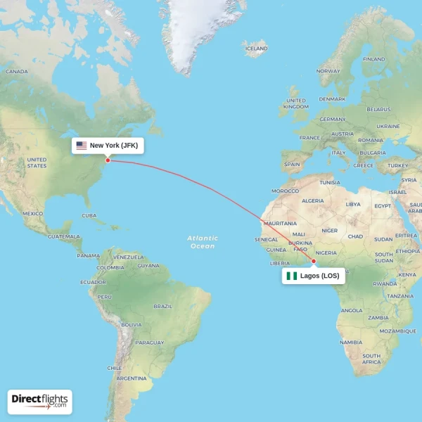 Lagos - New York direct flight map