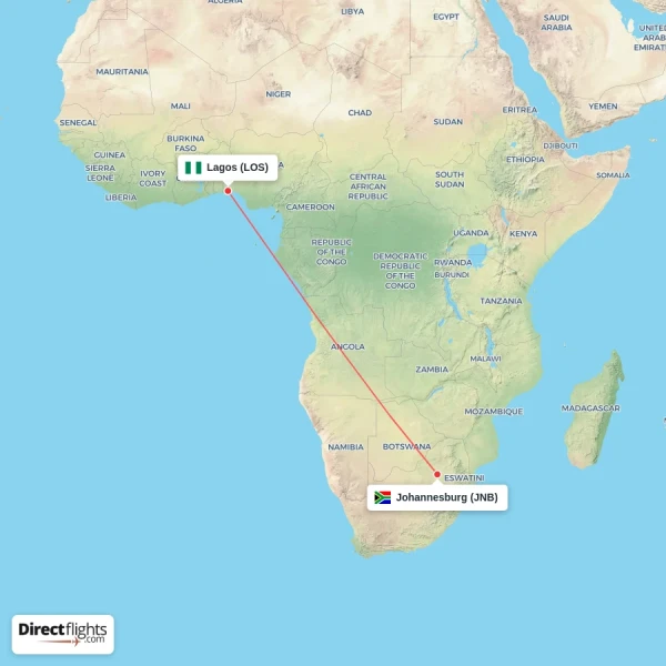 Lagos - Johannesburg direct flight map