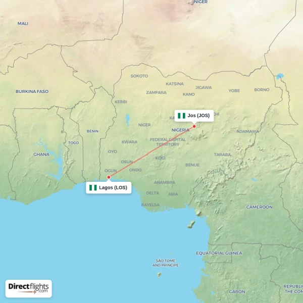 Lagos - Jos direct flight map